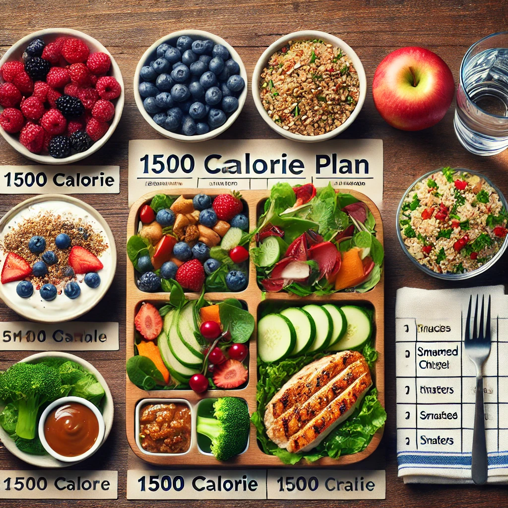 Balanced 1500 calorie meal plan with healthy food portions