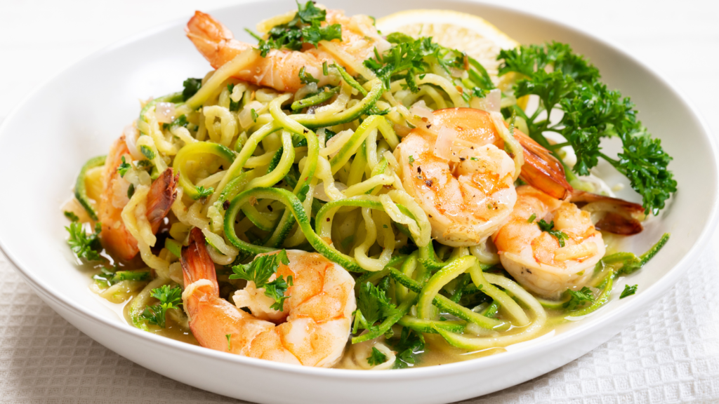 spicy garlic shrimp over zucchini noodles - 15 minute meals