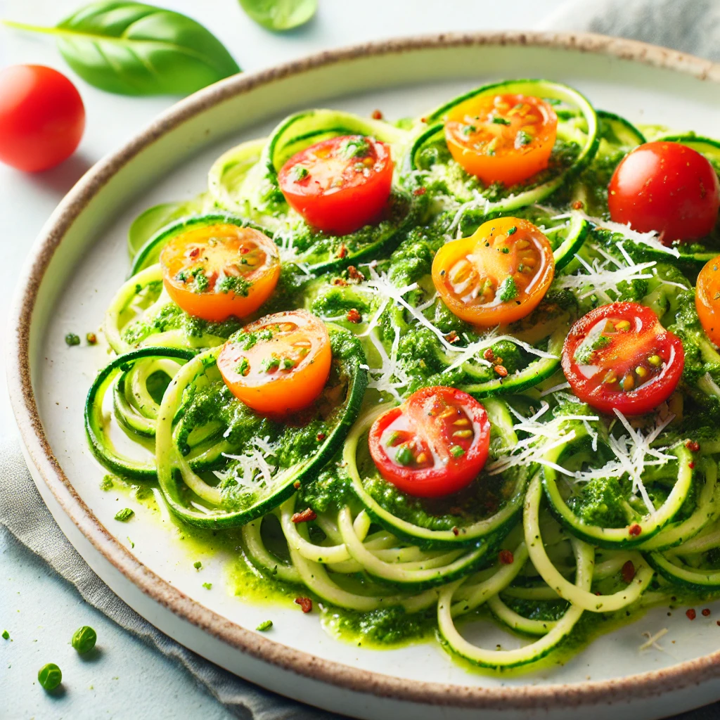 Pesto zoodles with cherry tomatoes and parmesan