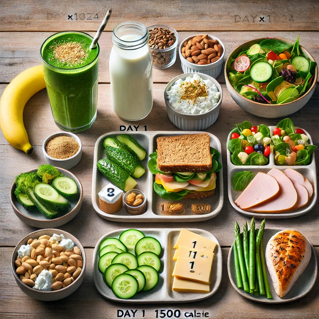 Balanced 1500 calorie meal plan with healthy food portions