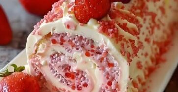 Freshly made Strawberry Birthday Cake Roll with whipped cream and sliced strawberries