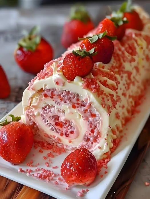 Freshly made Strawberry Birthday Cake Roll with whipped cream and sliced strawberries