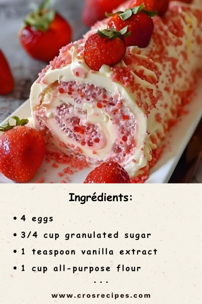 Freshly made Strawberry Birthday Cake Roll with whipped cream and sliced strawberries